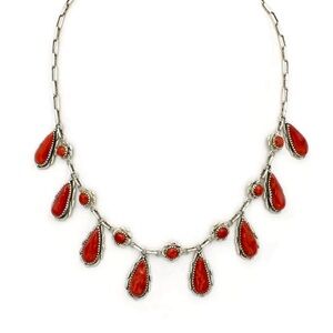 Signed - Alvina Quam,Zuni. Vintage Mediterranean Red Coral Sterling 18” Necklace